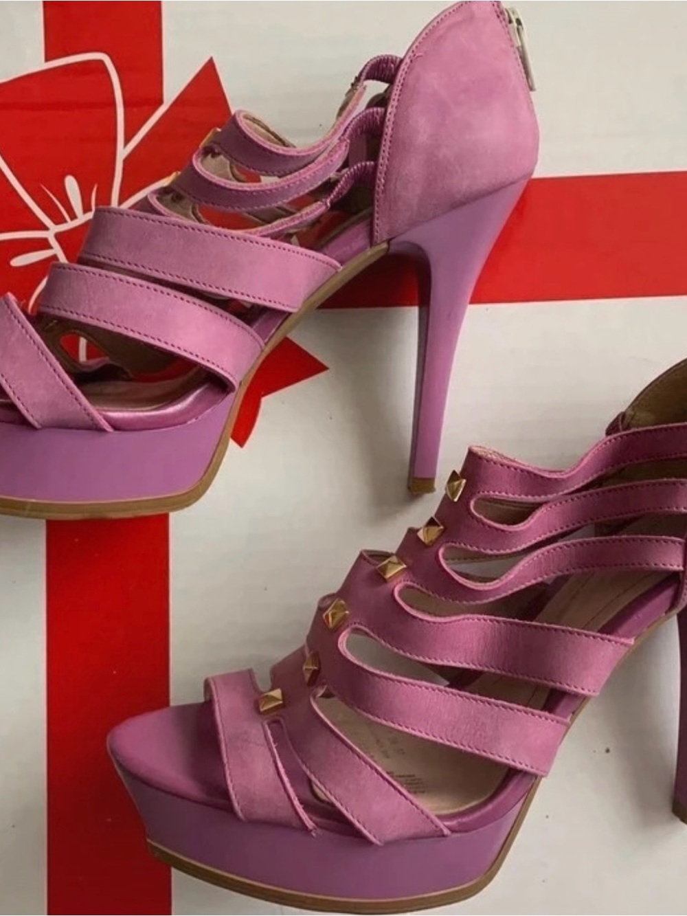 ANDREA FENZI Pink Strappy Studded Platform Stilettos
